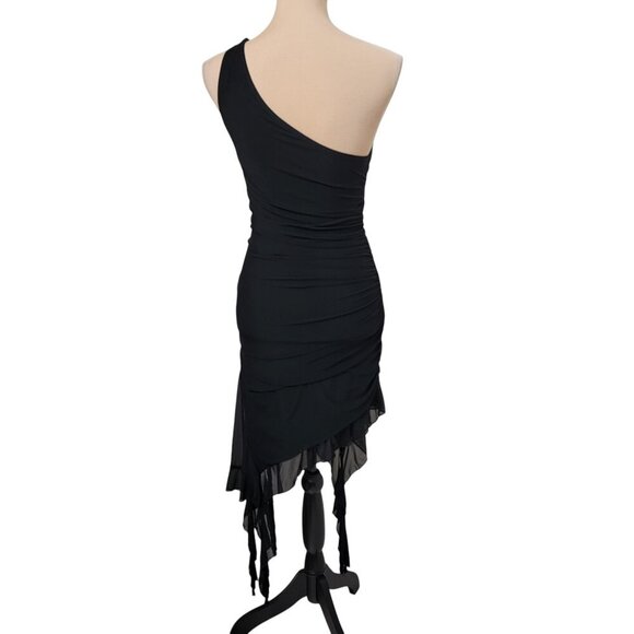 SHEIN Size S (4) Black Asymmetrical Hem Ruched Bodycon Rosette Embellished Dress - Picture 6 of 15